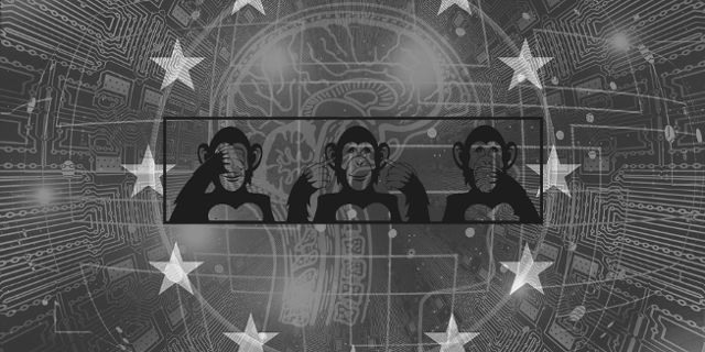 Drei Affen taub stumm blind vor EU Flagge in s/w