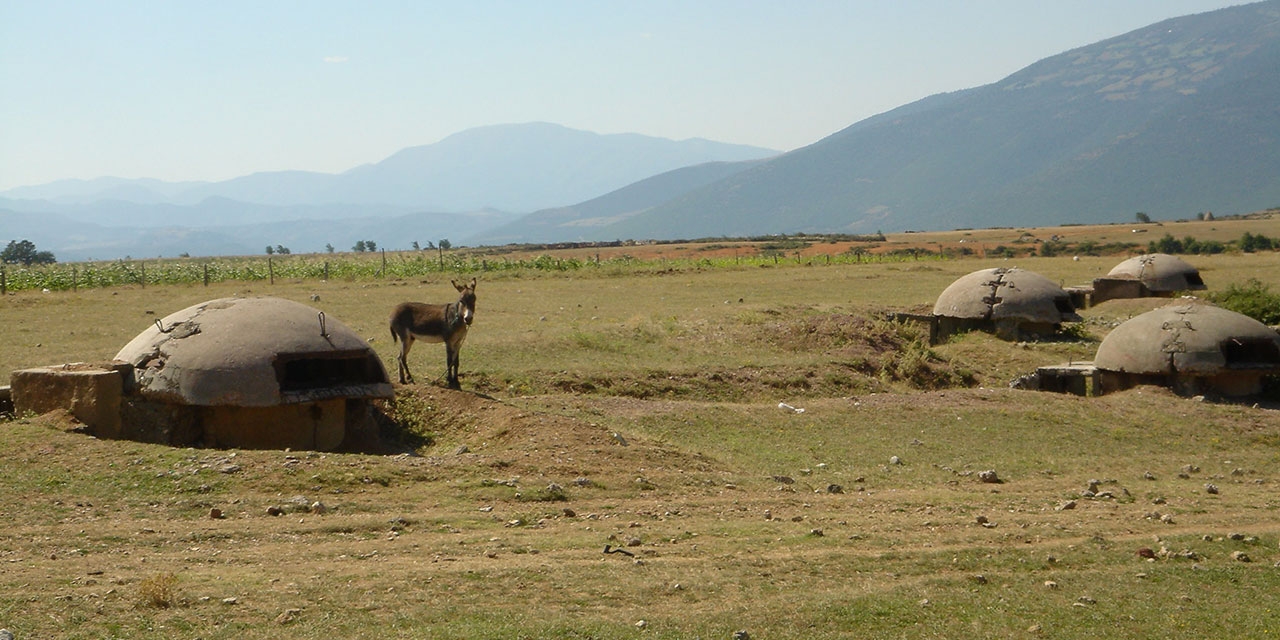 Esel vor aufgelassenen Bunkern in Albanien