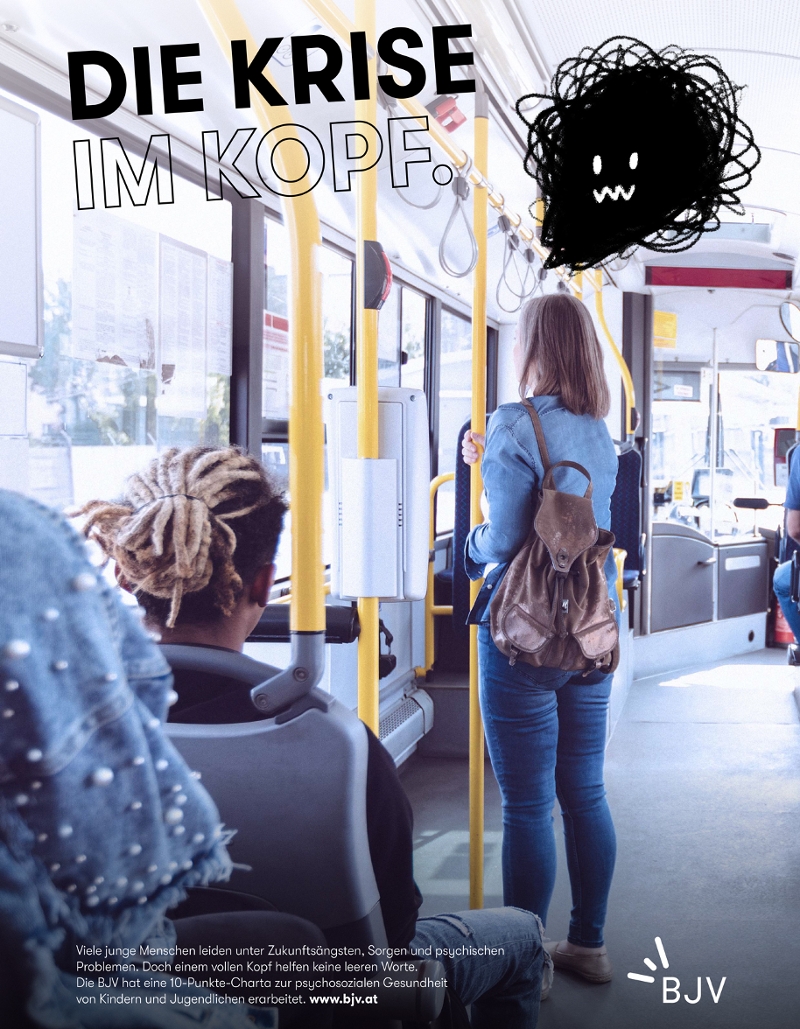 Zwei junge Menschen im Bus, darüber liegt eine gekritzelte dunkle Wolke, die "Krise im Kopf"