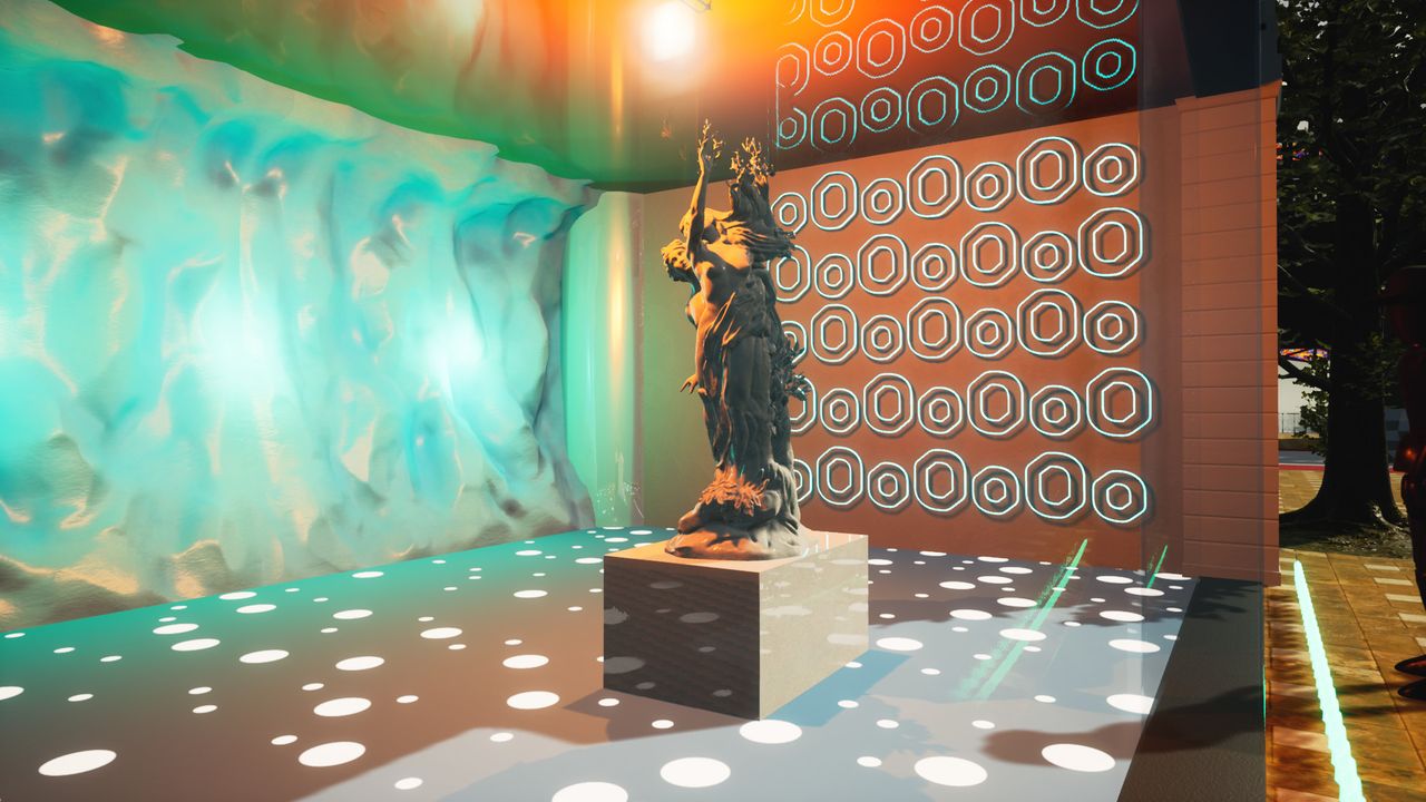 Screenshot aus Spiel Marmorstatue in Neonlicht
