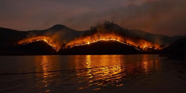 Waldbrand über einem See