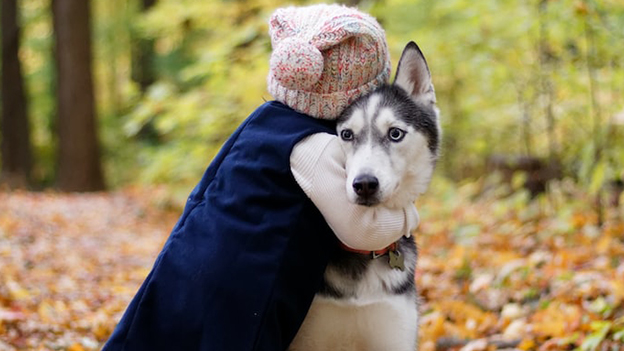 Kind mit Hund im Herbst