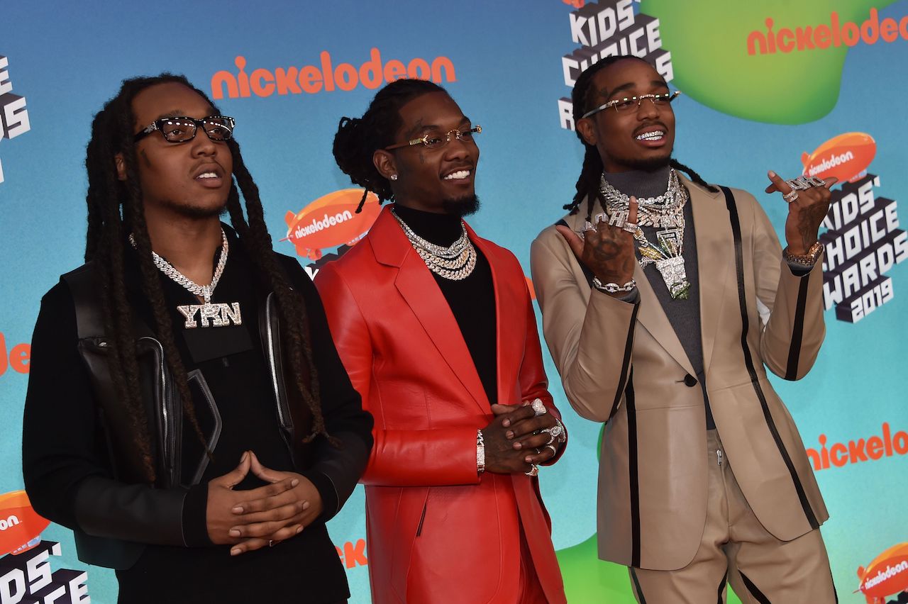 Takeoff, Offset and Quavo from Migos arrive for the Nickelodeon Kids' Choice Awards at the USC Galen Center on March 23, 2019 in Los Angeles