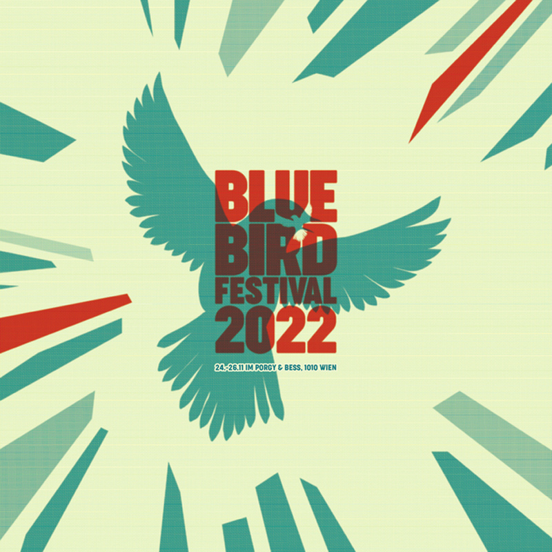 Ein blauer Vogel am Plakat des Festivals