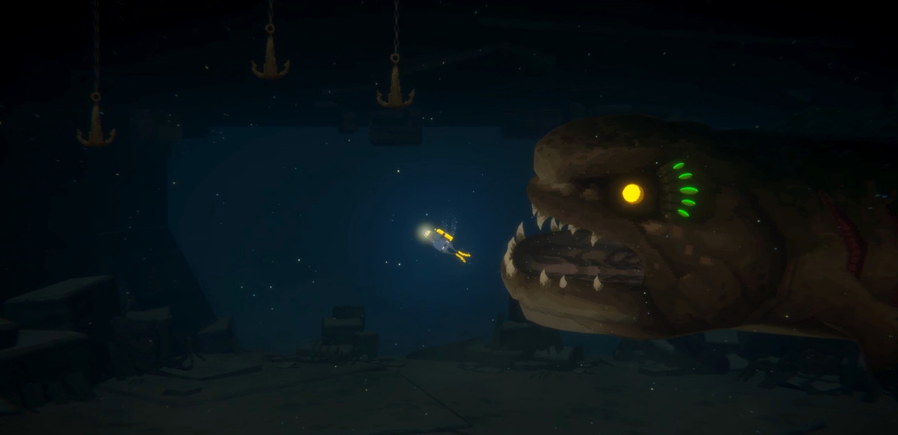 Screenshot Dave the Diver mit dunklem Ungeheuer in der Tiefsee