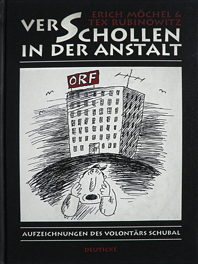Buchcover mit Grafik: Hochhaus mit Schild "ORF", davor ein Mann mit einem entsetzten Gesichtsausdruck