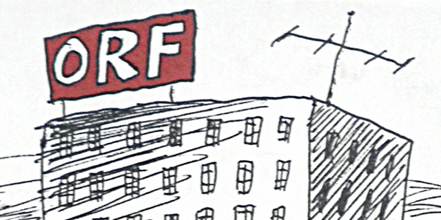 Buchcover mit Grafik: Hochhaus mit Schild "ORF"