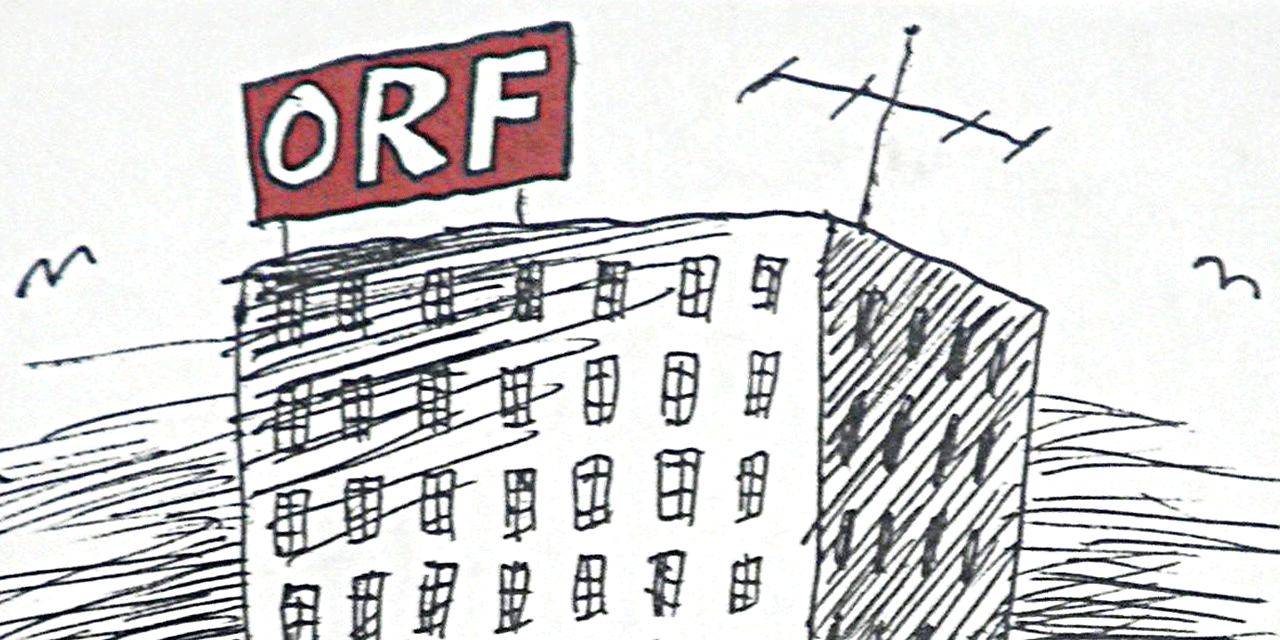 Buchcover mit Grafik: Hochhaus mit Schild "ORF"