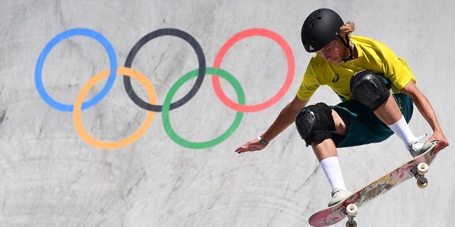 Australia's Keegan Palmer competes in the men's park prelims heats during the Tokyo 2020 Olympic Games at Ariake Sports Park Skateboarding in Tokyo 2021