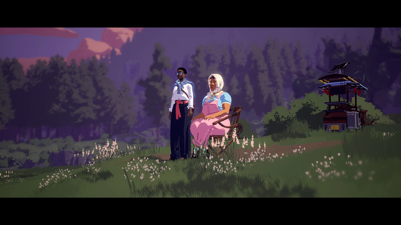 Screenshot Game: Schwarzer Mann und Schwarze Frau sitzen in der Natur und schauen in die Ferne