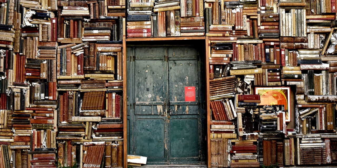 Wand aus Büchern, dazwischen eine geschlossene Tür