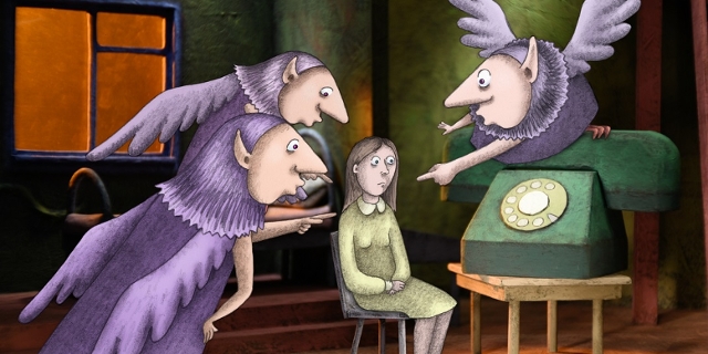 Szene aus dem Animationsfilm "My Love Affair with Marriage" von Signe Baumane: Mädchen sitzt auf Stuhl, um sie fliegen Geister und zeigen auf sie.
