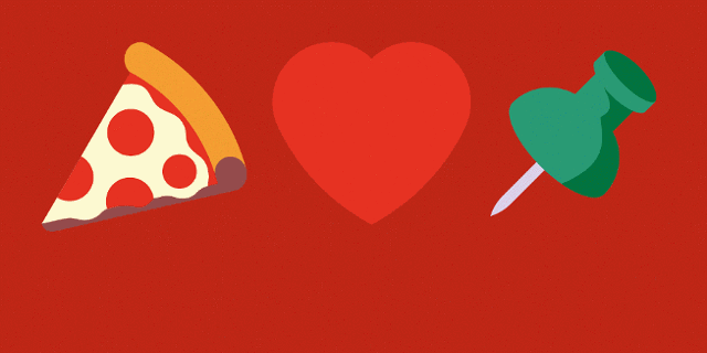 illustration von einem stück pizza, einem herz und einer pinnadel