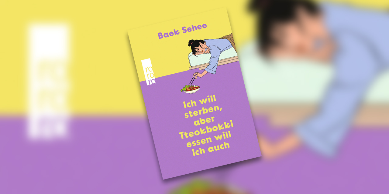 Buchcover mit Grafik: Eine liegt auf einem Bett, weint und isst etwas mit Stäbchen