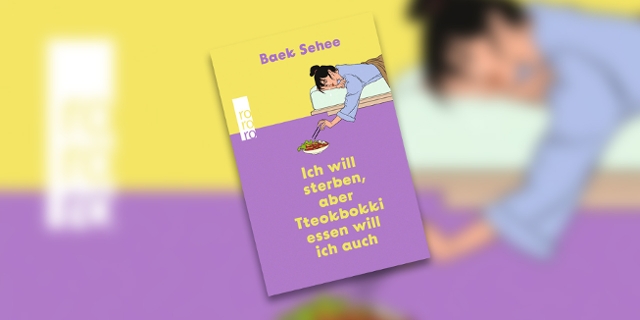 Buchcover mit Grafik: Eine liegt auf einem Bett, weint und isst etwas mit Stäbchen