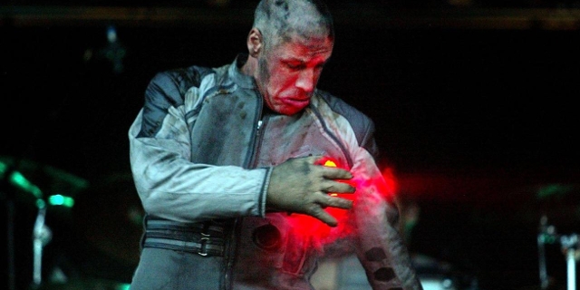 German singer Til Linderman of rock band Rammstein performs on stage during the Pinkpop 2002 concert in Landgraaf,