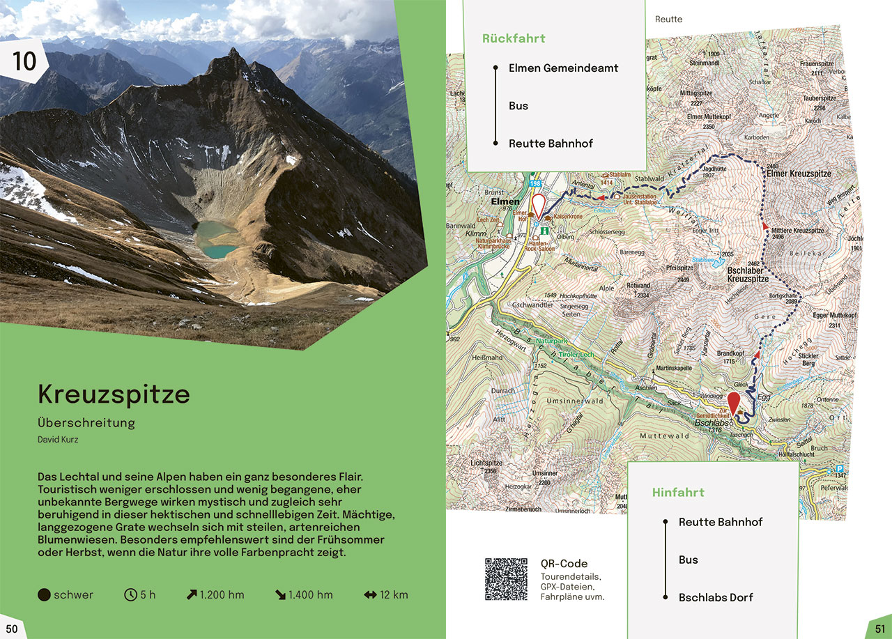 Seite aus dem Wanderführer "Öffi Touren Nordtirol" mit einer Bergkarte und Tourenbeschreibung