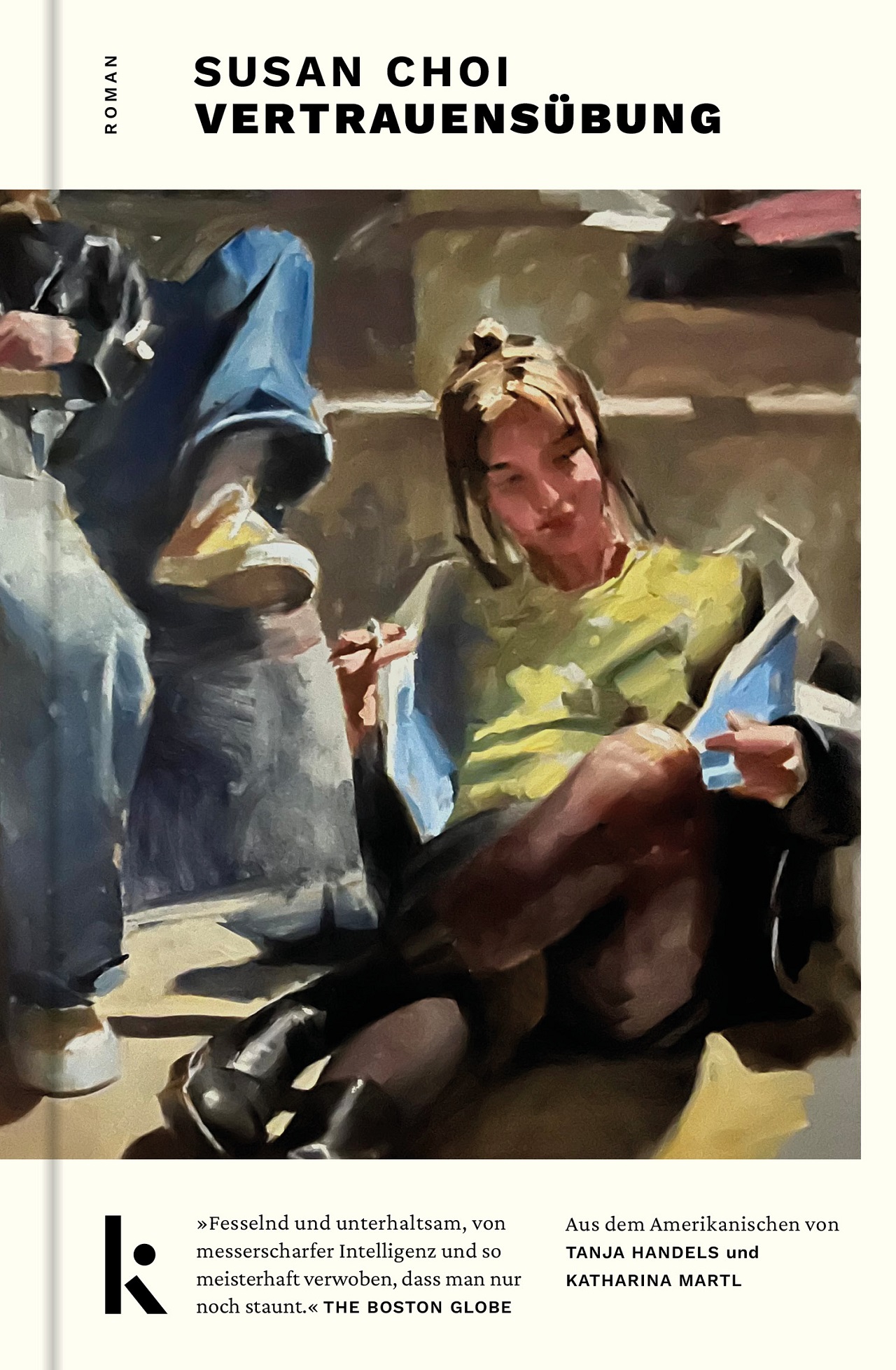 Das Gemälde "Ground Boots" von Mark Tennant am Cover von Susan Chois Roman "Vertrauensübung": Eine junge Frau in Stiefeln sitzt lässig auf einem Boden im Flur.