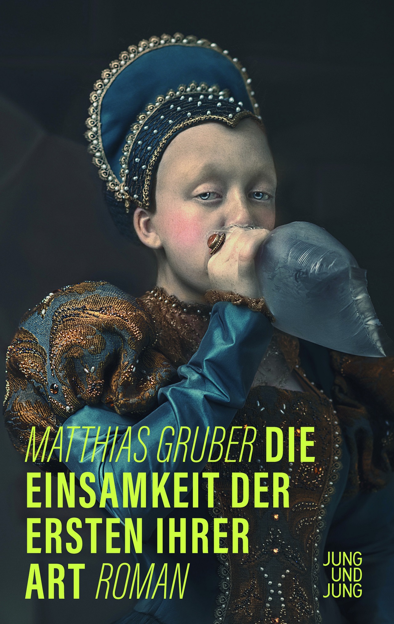 Ein Mädchen atmet in ein Plastiksackerl, Bild auf dem Buchcover von Matthias Grubers Roman "Die Einsamkeit der Ersten ihrer Art".