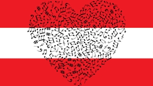 Österreichflagge mit Herz aus Musiknoten