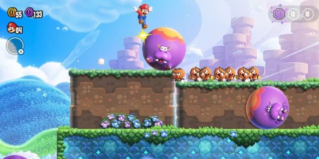 Mario springt auf lila Nilpferd-Kugeln