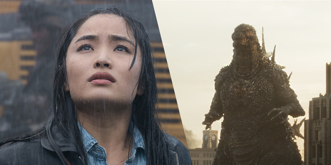 Bilder aus "Monarch: Legacy of Monsters" und "Godzilla Minus One": Eine junge Frau im Regen sieht besorgt in den Himmel. Daneben: Godzilla