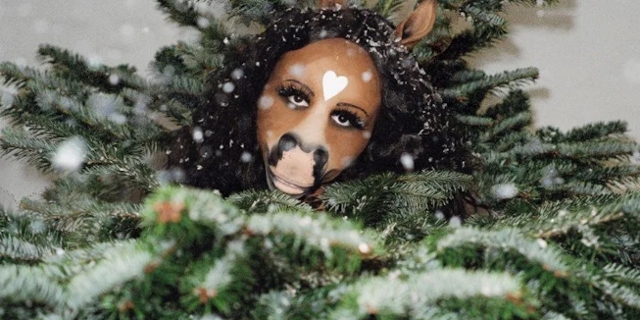 horsegiirL schaut aus einem beschneiten Weihnachtsbaum hervor