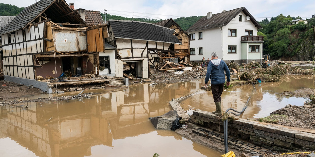 Überschwemmung in Ahrweiler, Deutschland 2021. Haushälfte in den Fluten