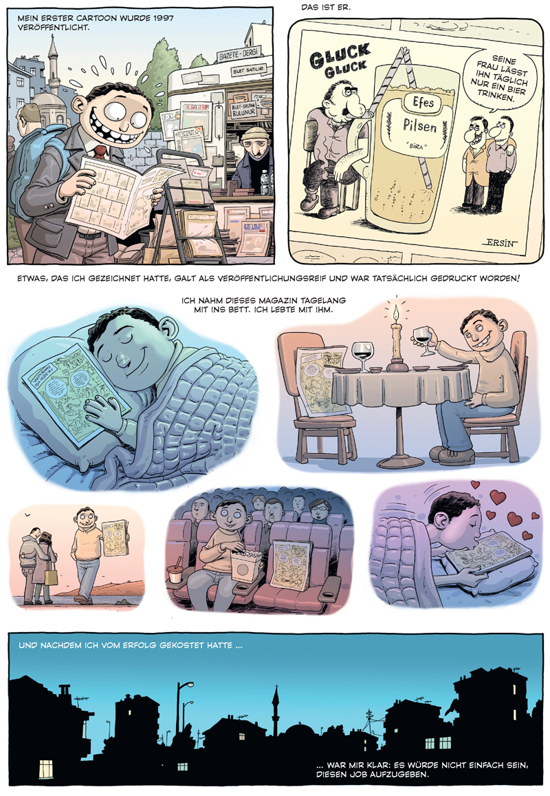 Seite 63 des Comics: Der Zeichner feiert die Veröffentlichung seines ersten Comics.