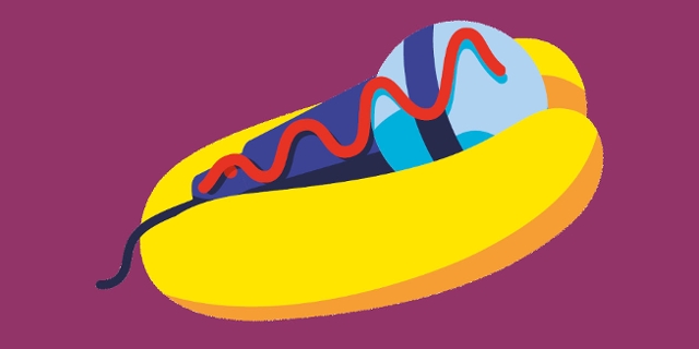 Happy Hour Logo auf pinkem Hintergrund: Hotdog mit Mikrophon statt Wurst