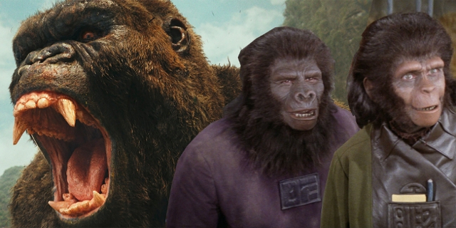 Auf der einen Seite ein aggressiver, riesiger Affe mit aufgerissenem Maul. Auf der anderen Seite Dr. Zira und ein weiterer Affe: Beide schauen ungläubig.