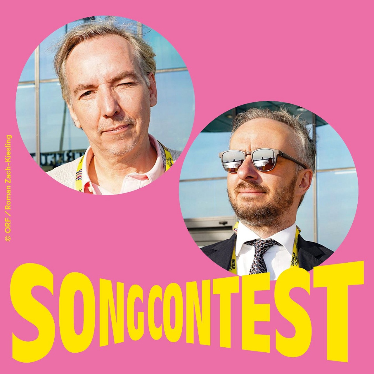 Zwei kreisförmige Fotos von Jan Böhmermann und Olli Schulz vor pinkem Hintergrund und dem Schriftzug "Songcontest"